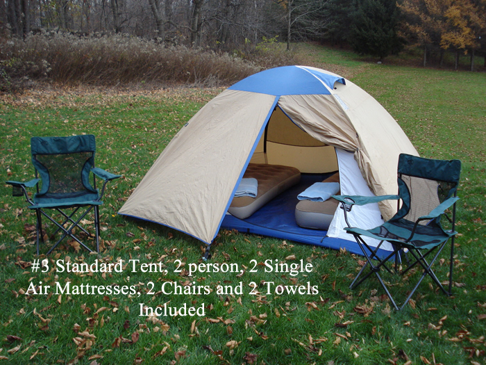 #3 Standard Tent, 2 person, 2 Single Air Mattresses, Chair and Towel